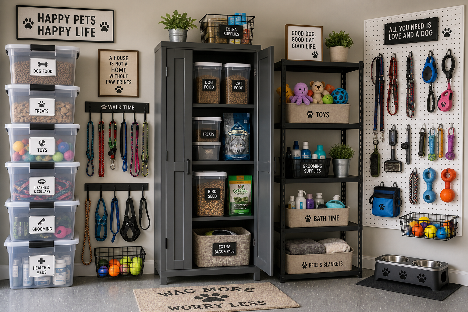 Garage wall with organized pet supply storage including bins, shelves, and hanging systems