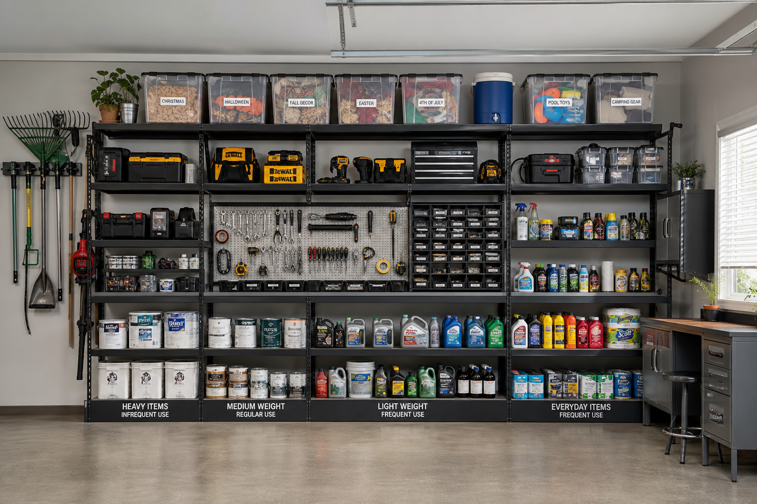 Well-organized garage shelving system showing strategic placement of heavy and light items with clear storage bins and labels