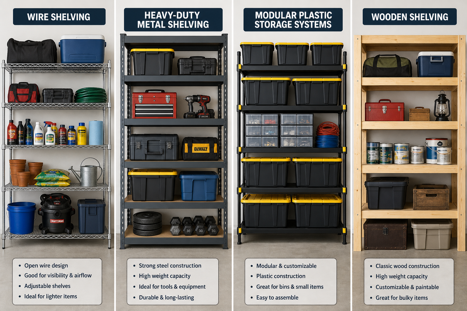 Comparison of different garage storage systems including wire, metal, plastic, and wooden shelving