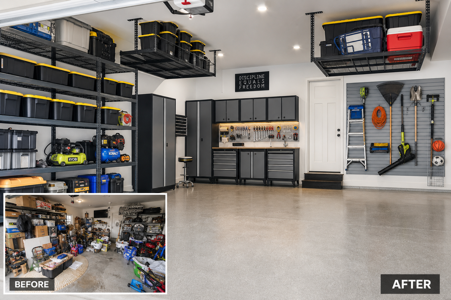 Well-organized garage with multiple storage systems including shelves, cabinets, and tool organization