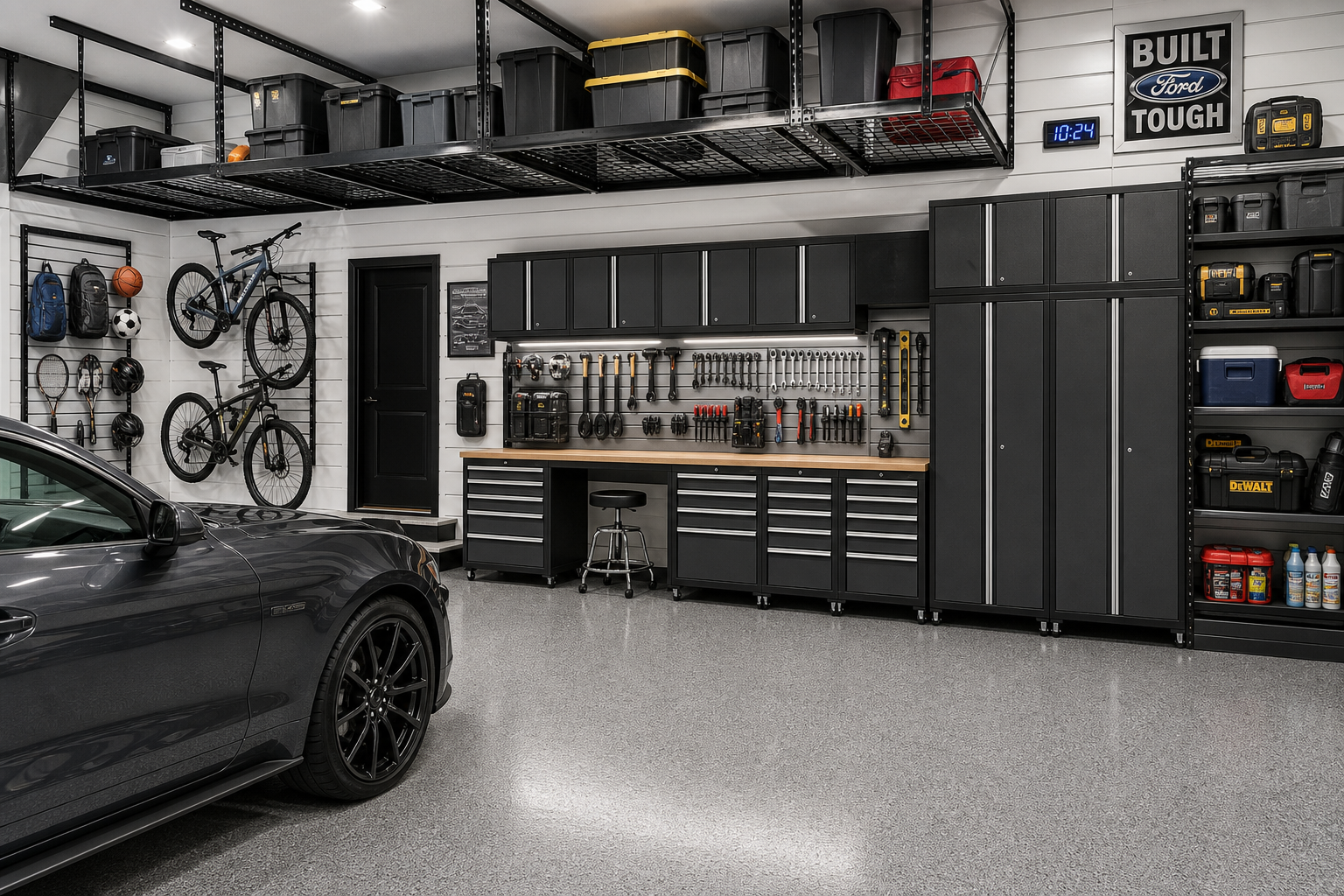 Garage wall with comprehensive vertical storage system and organized tools