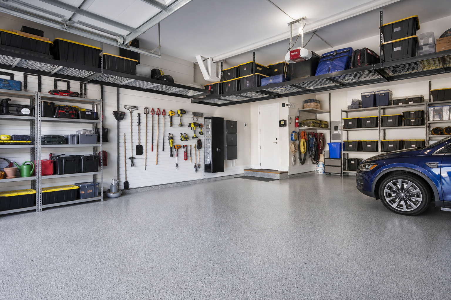 Well-organized garage with storage shelves, wall-mounted tools, and clear floor space