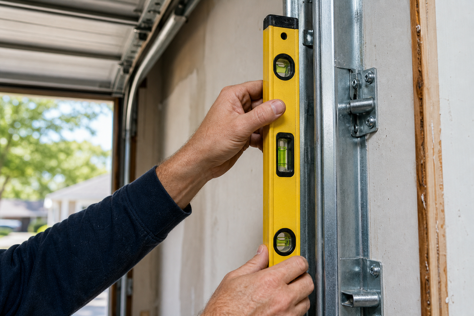 Person using a level to check vertical garage door track alignment
