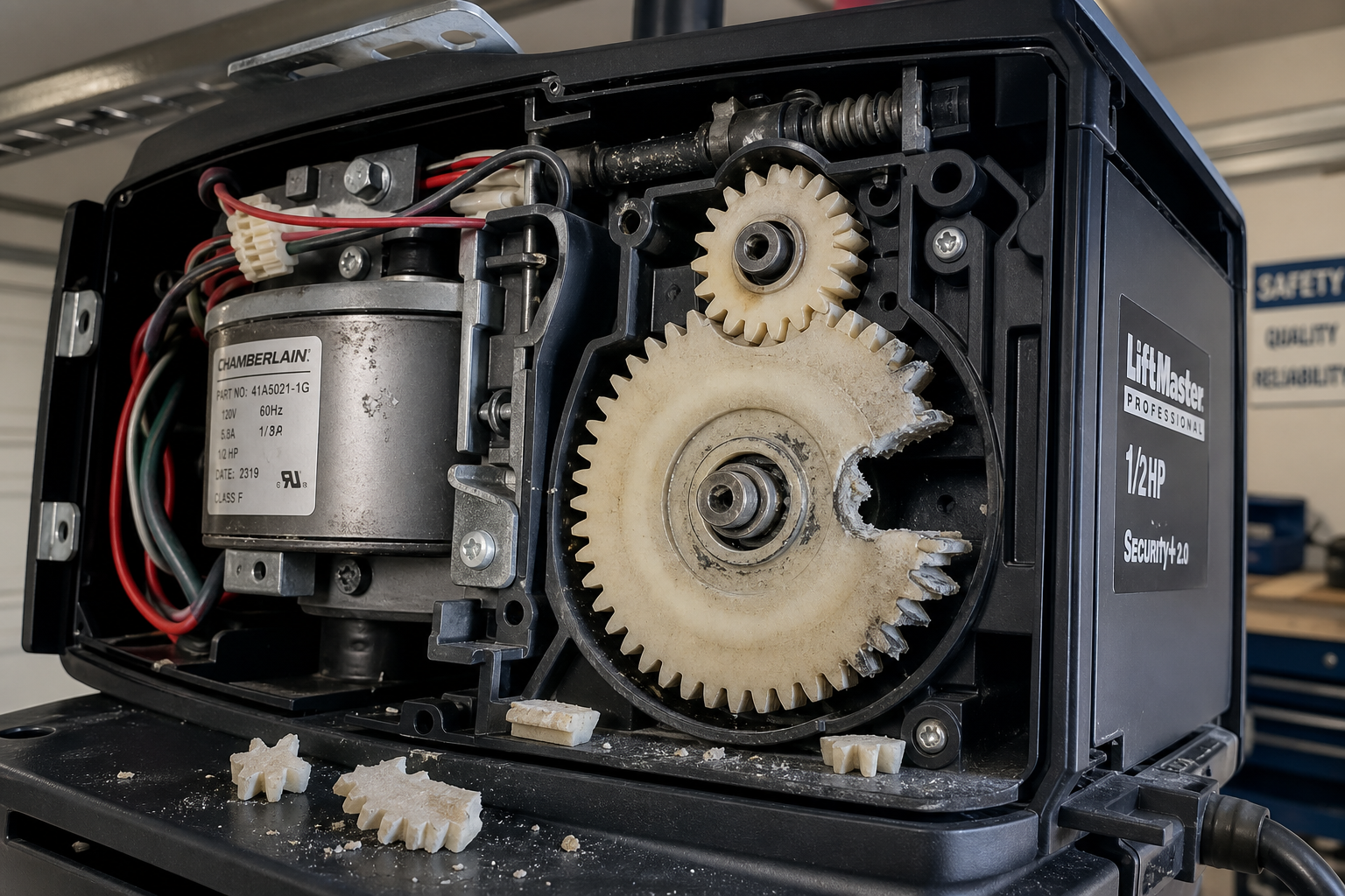 Garage door opener with stripped gears showing damaged teeth