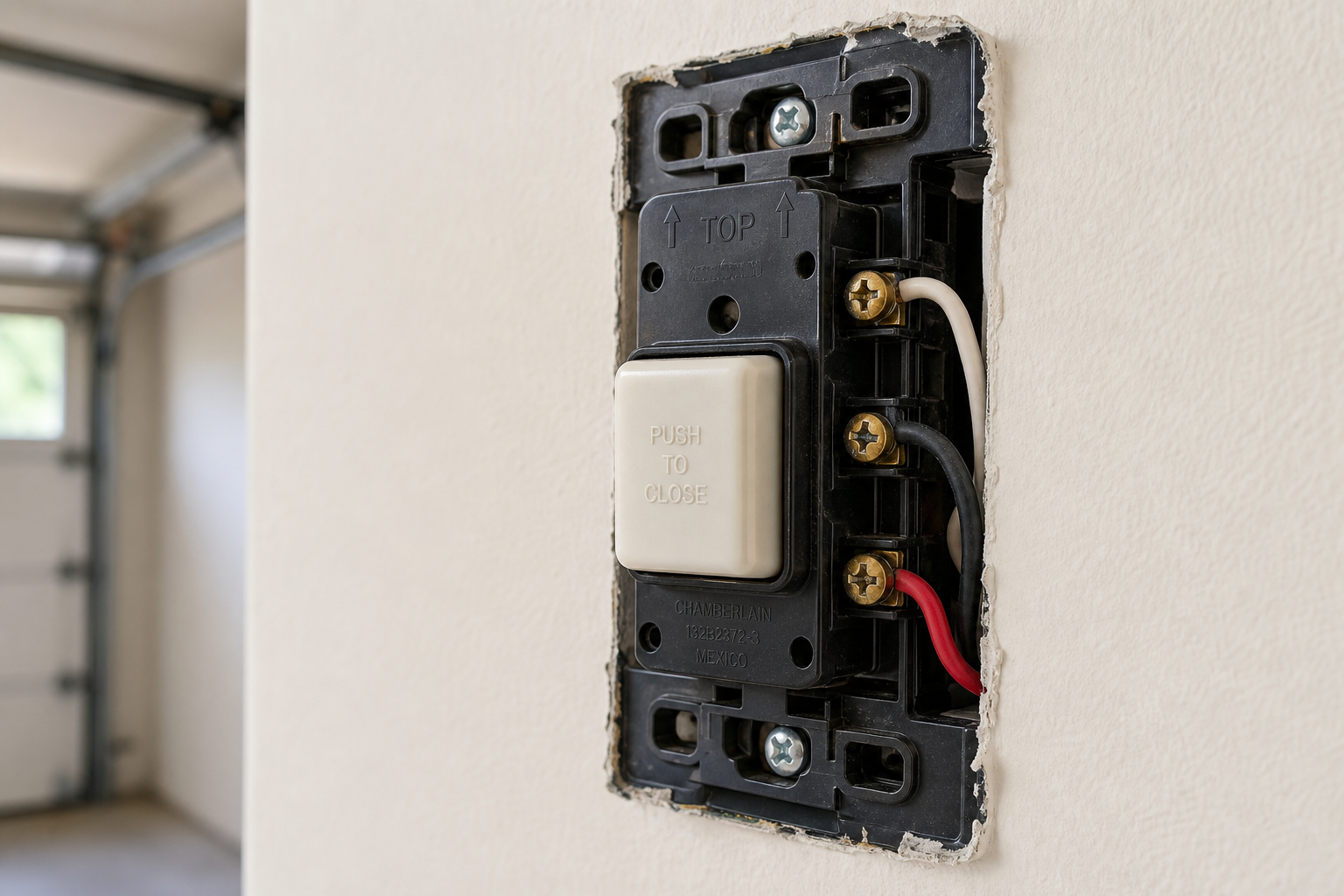 Garage door wall button with exposed wiring showing stuck mechanism