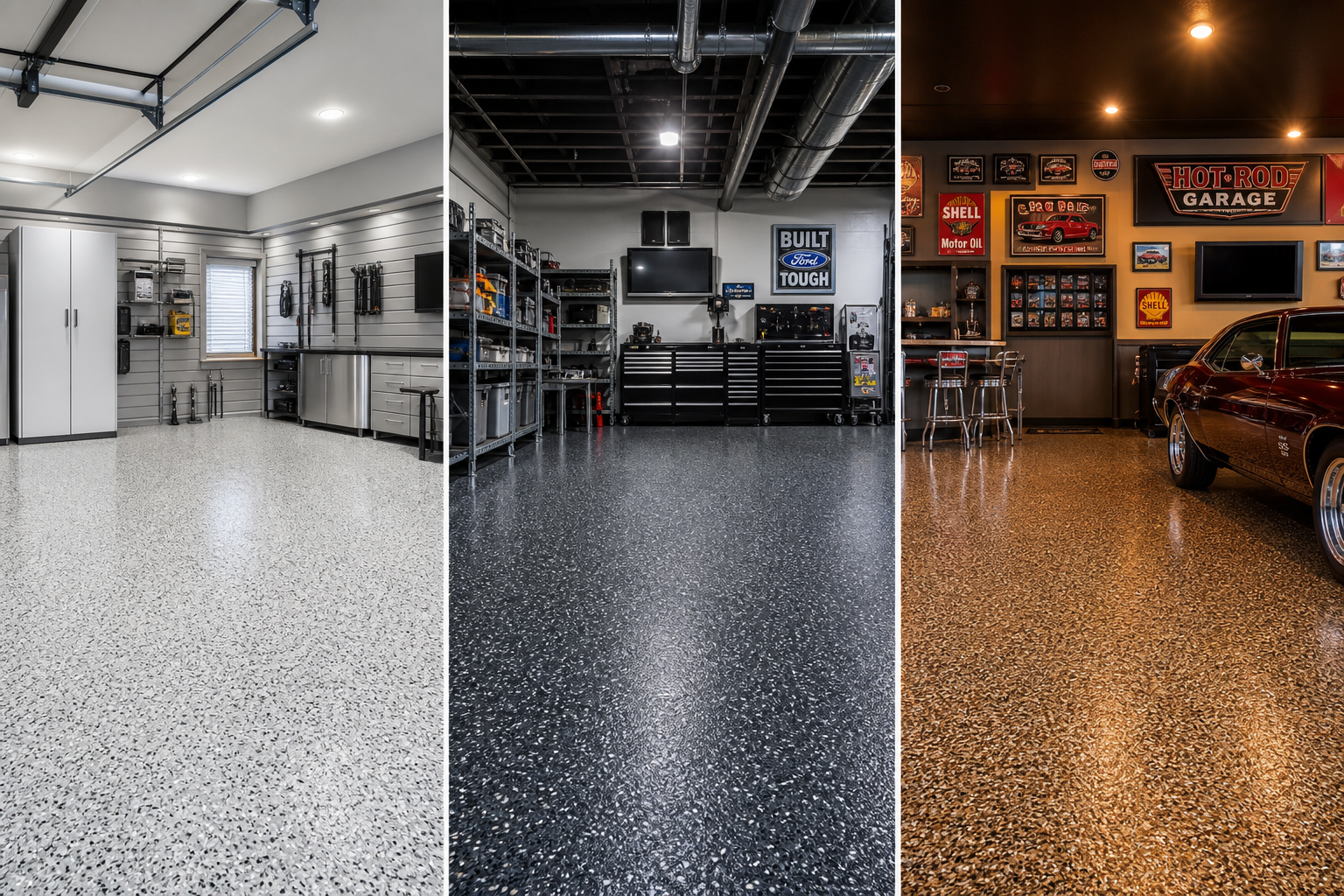 Three different garage floor styles showing modern, industrial, and man cave flake options