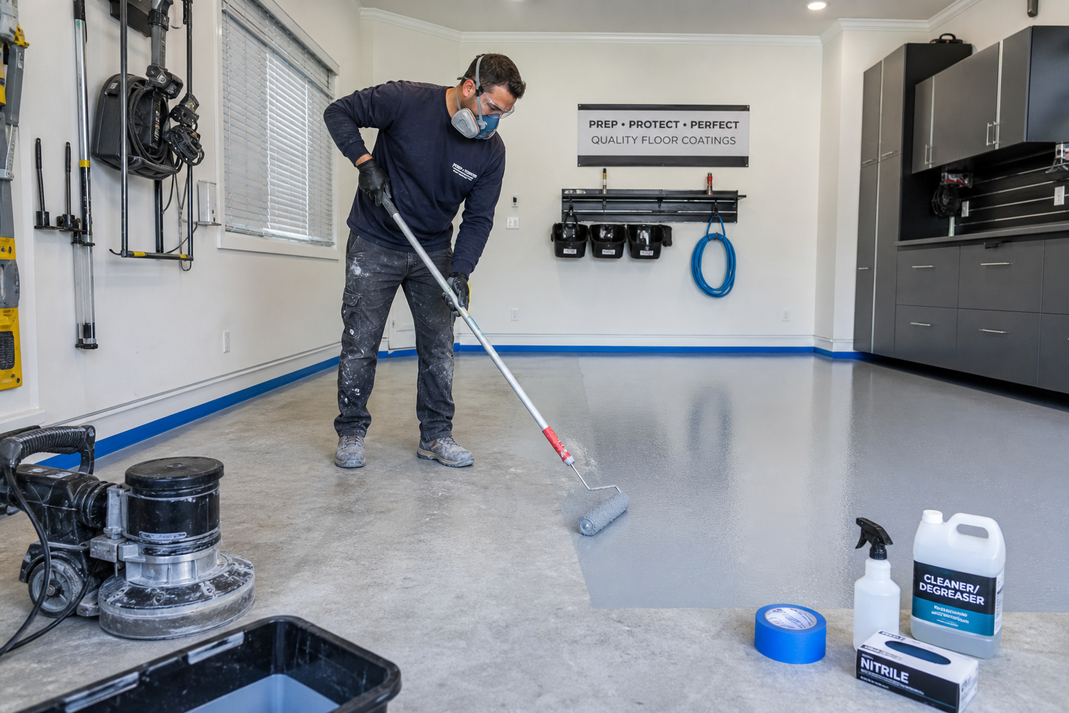 Professional application of heavy-duty garage floor coating with proper tools and technique