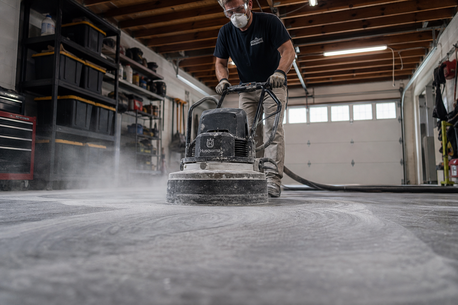 Contractor grinding concrete garage floor for surface preparation