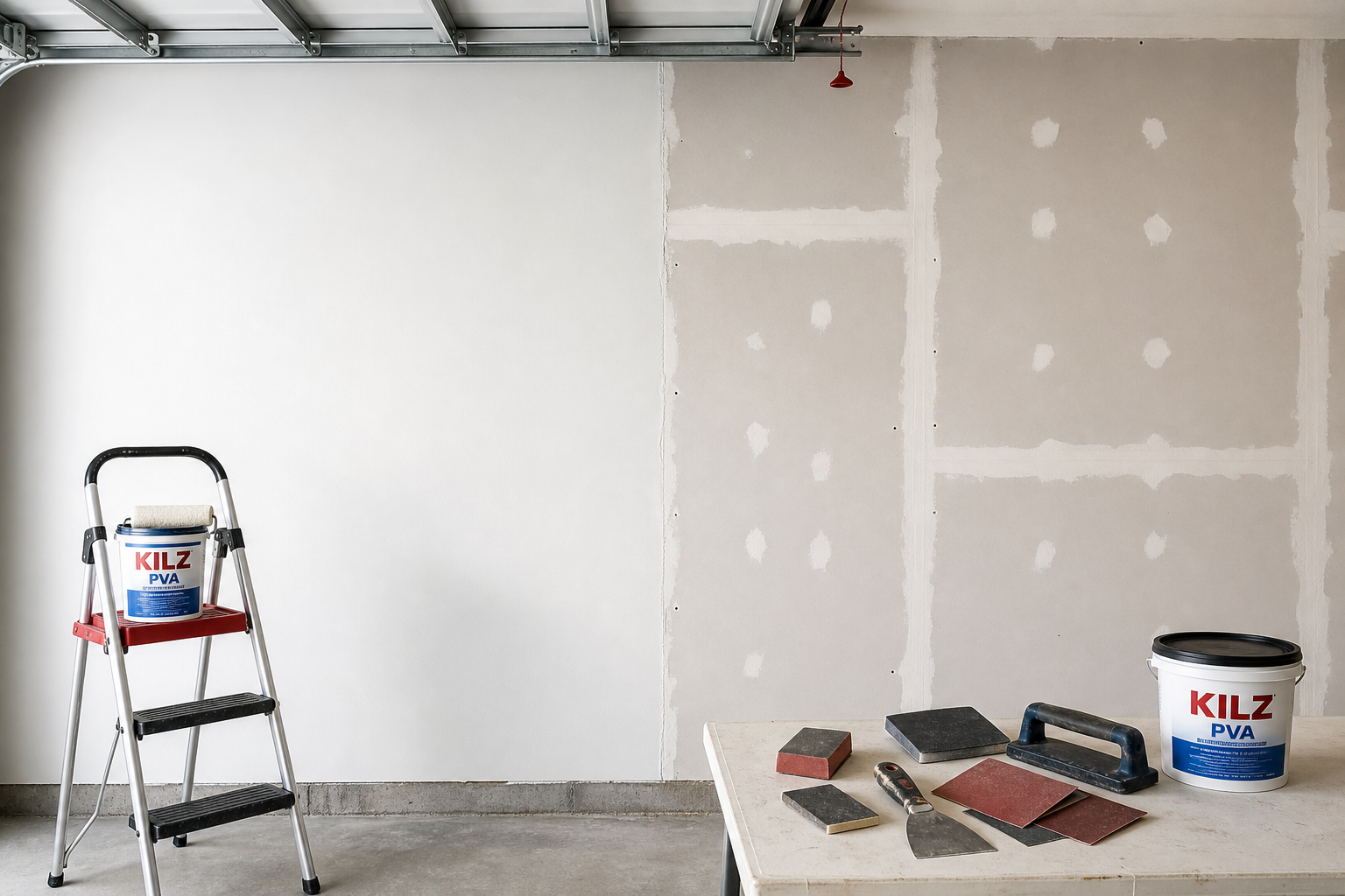 Garage wall showing before and after surface preparation for texturing