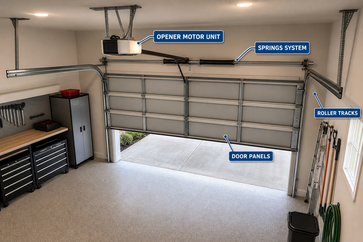 Complete garage door system layout showing all major components from overhead view
