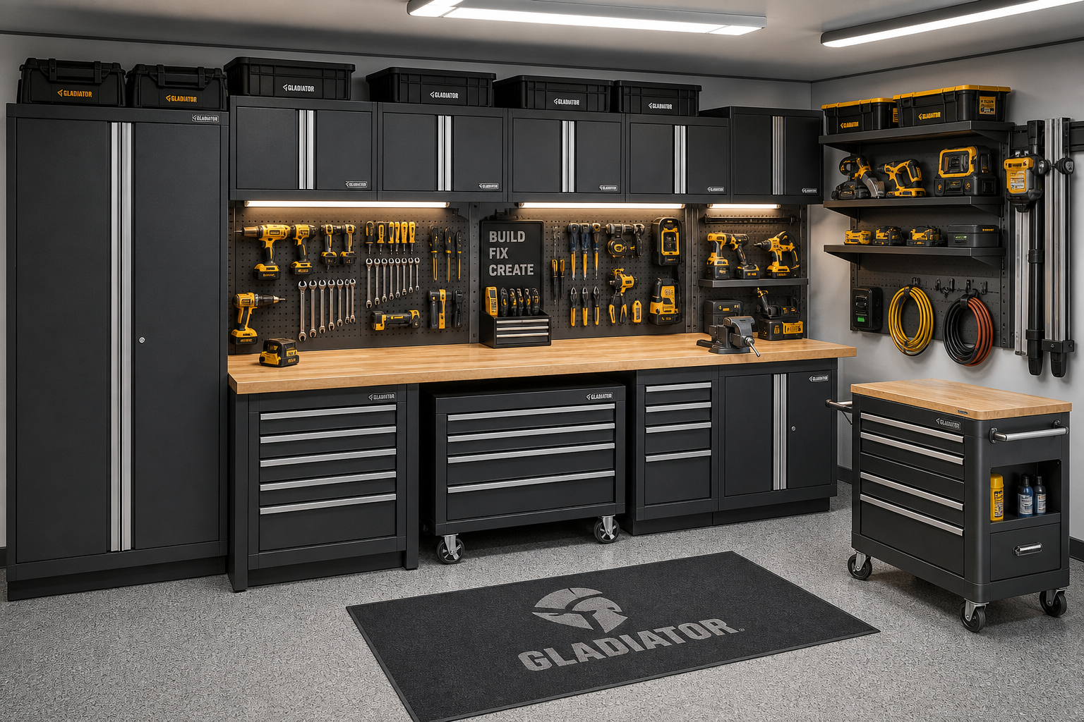 Integrated garage workshop showing coordinated power tool storage systems working together as unified solution