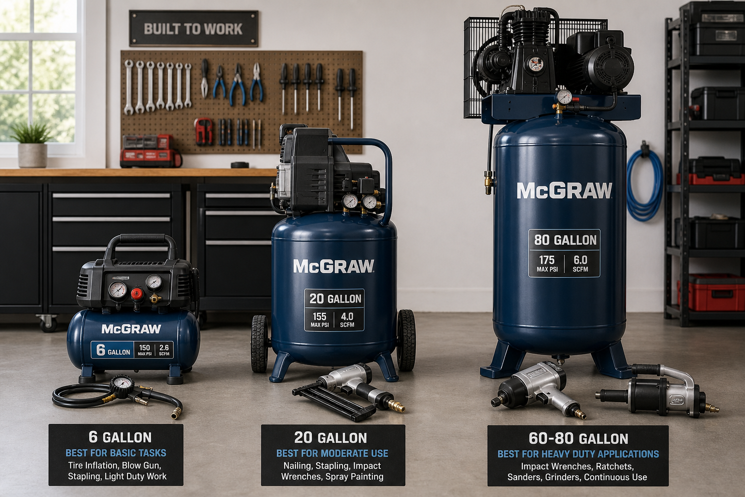 Three air compressors of different tank sizes with corresponding tools showing various use cases