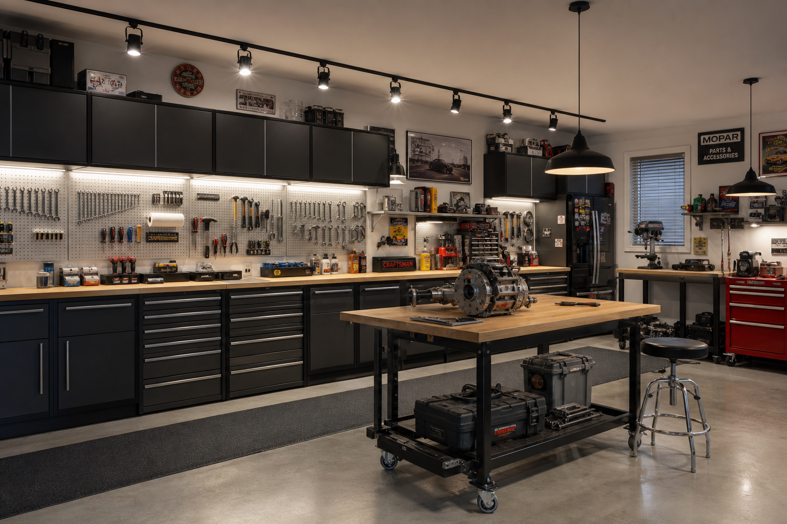 Well-lit garage workshop with task lighting over workbench and tool areas