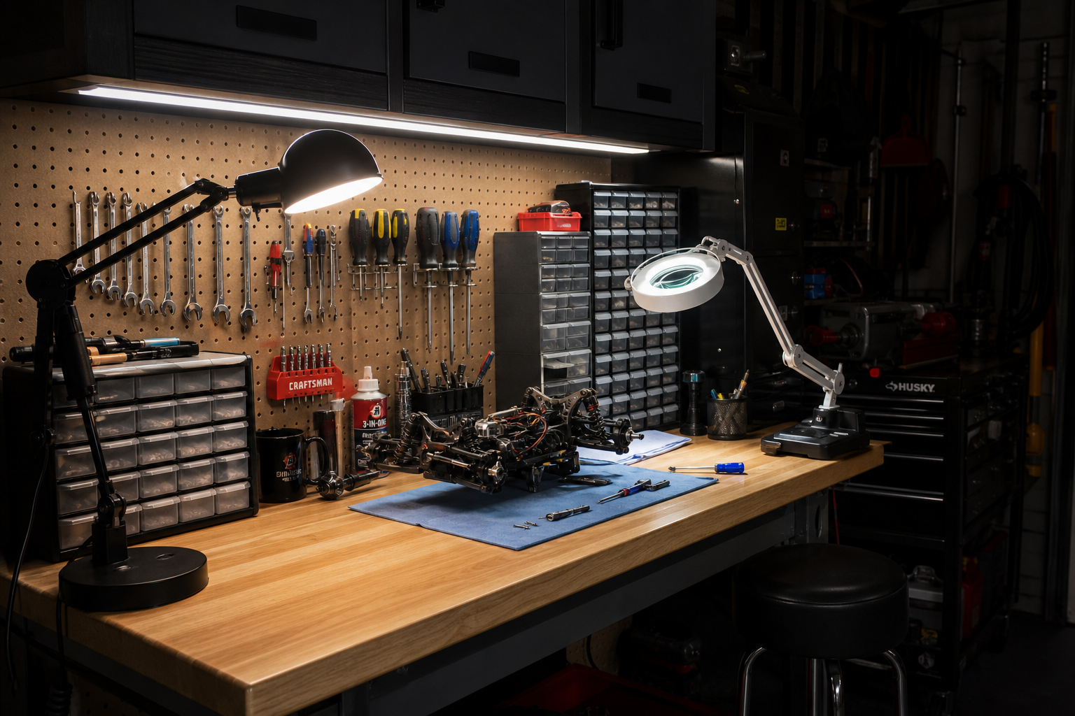 Garage workbench with focused task lighting for detailed project work