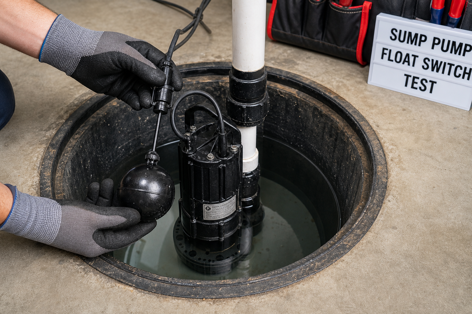 Hands testing a sump pump float switch in a garage pit