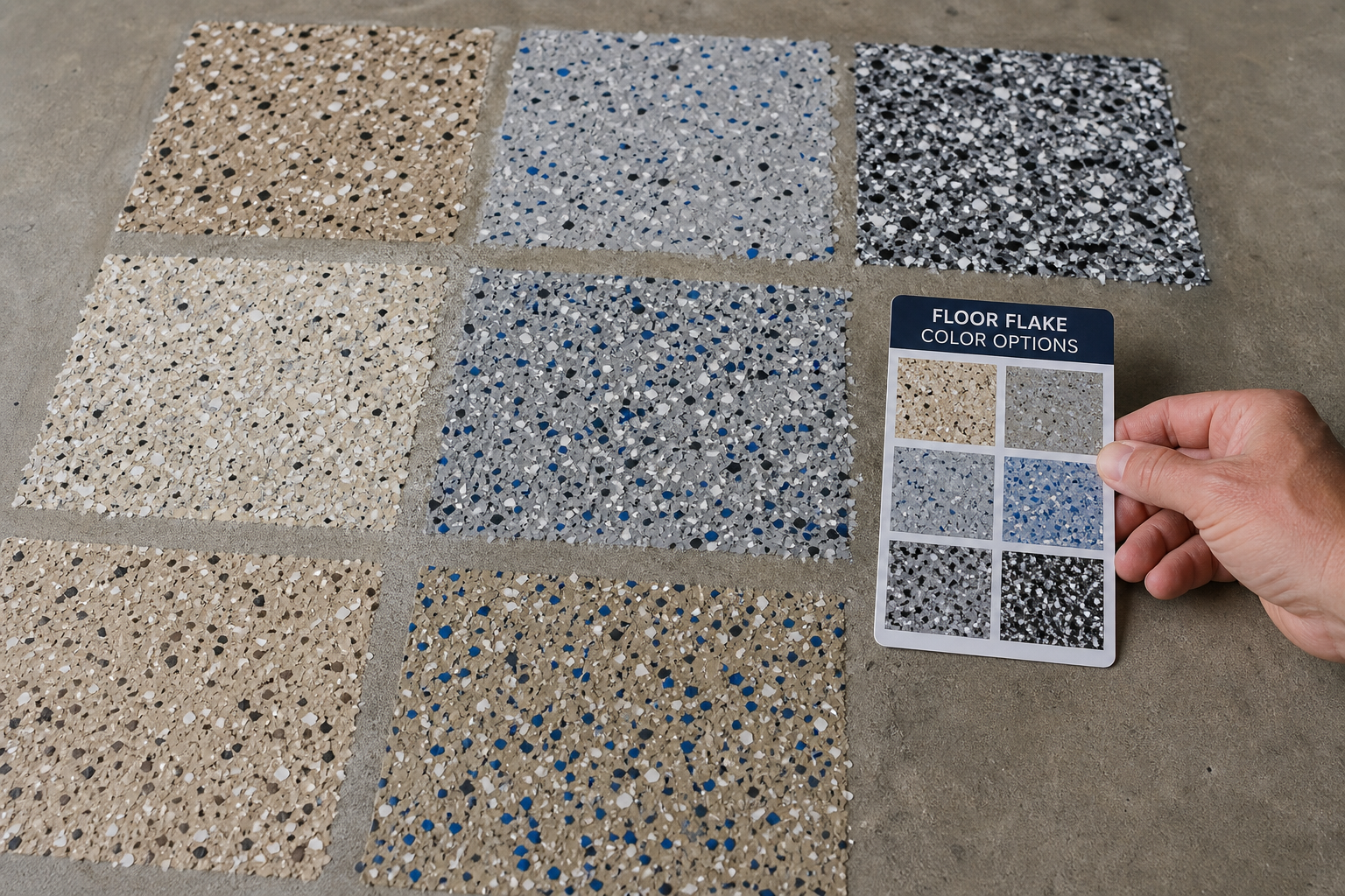 Multiple test patches showing different flake color combinations on garage floor
