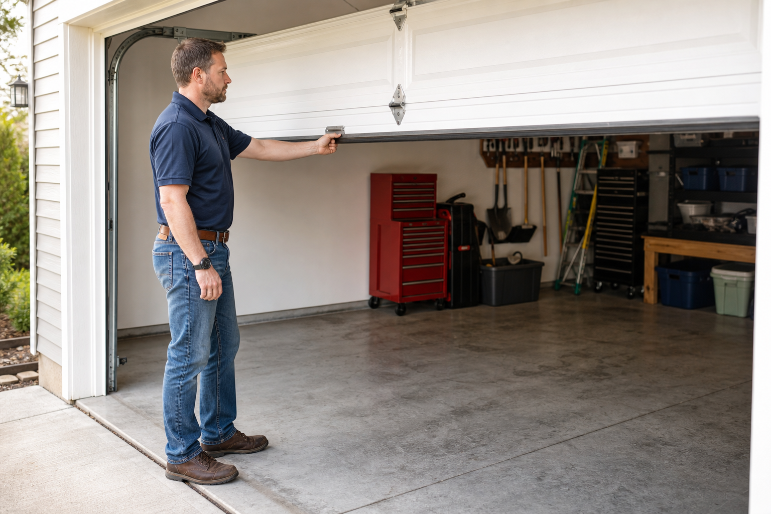 Person performing manual balance test on garage door at half-open position