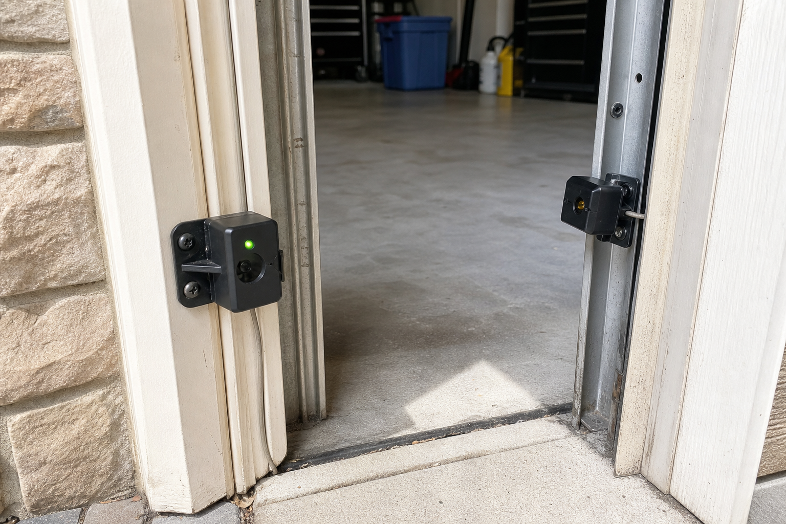 Garage door safety sensors showing misalignment issue