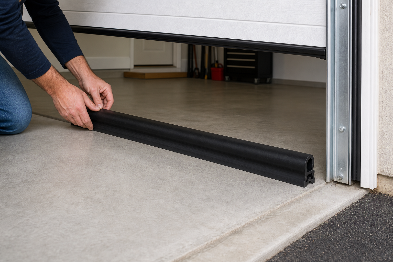 Rubber threshold seal installed on garage floor beneath door opening