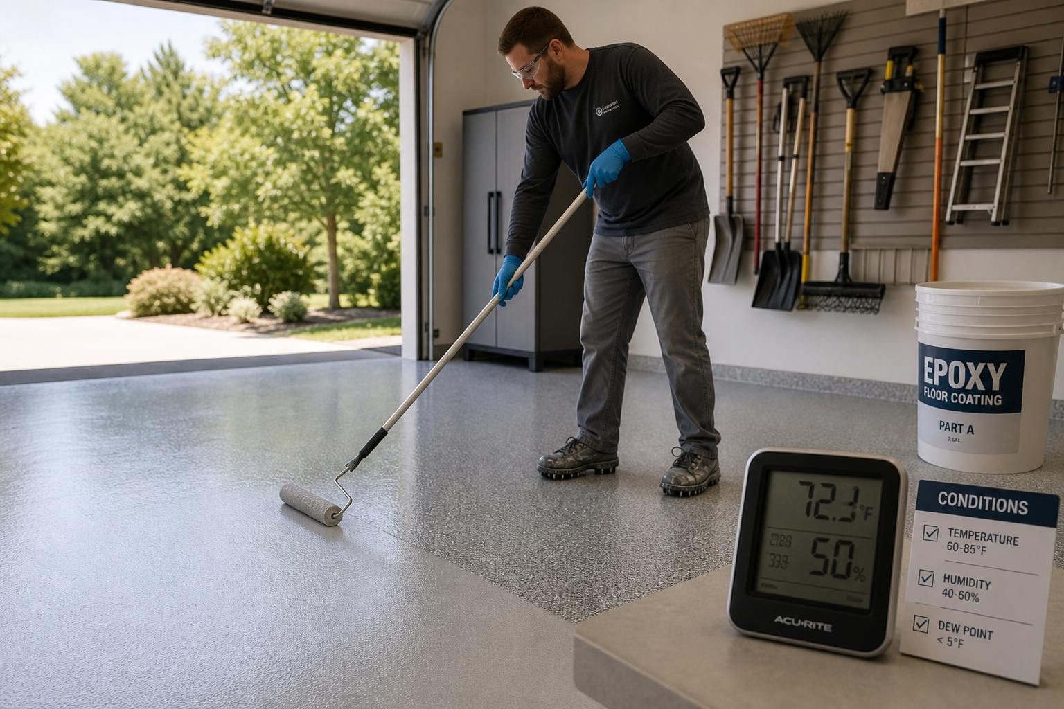 Person applying epoxy floor coating in garage with proper timing and environmental conditions