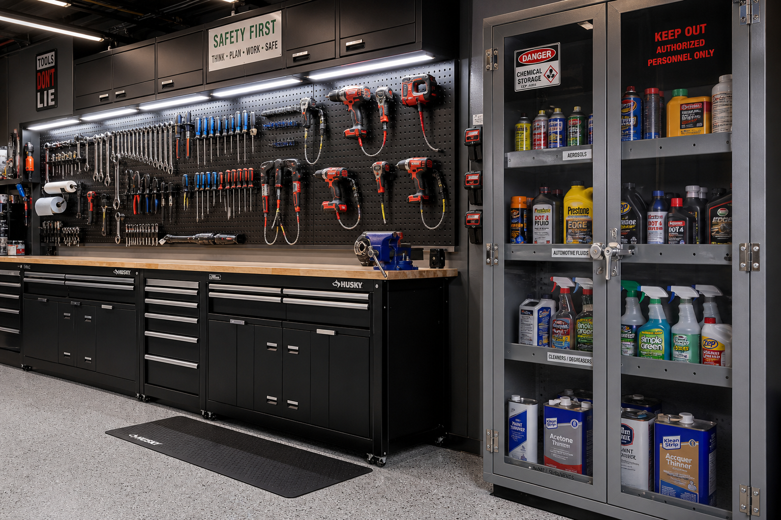 Organized garage workshop showing secure tool storage and chemical cabinet with safety features