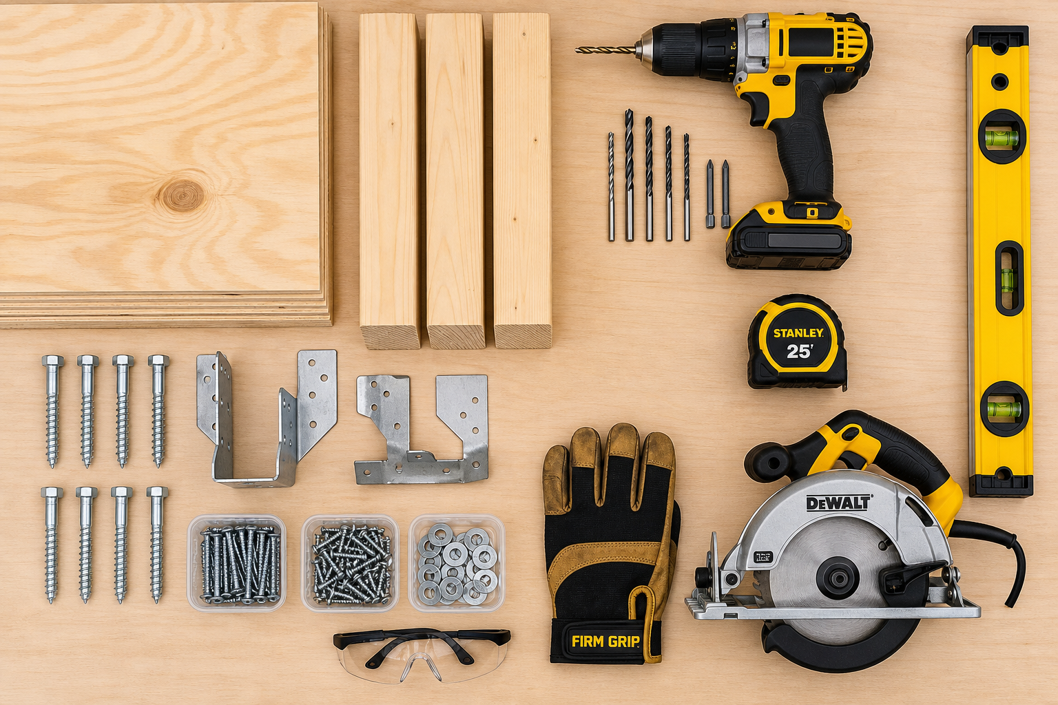 Organized layout of tools and materials needed for DIY overhead garage storage project