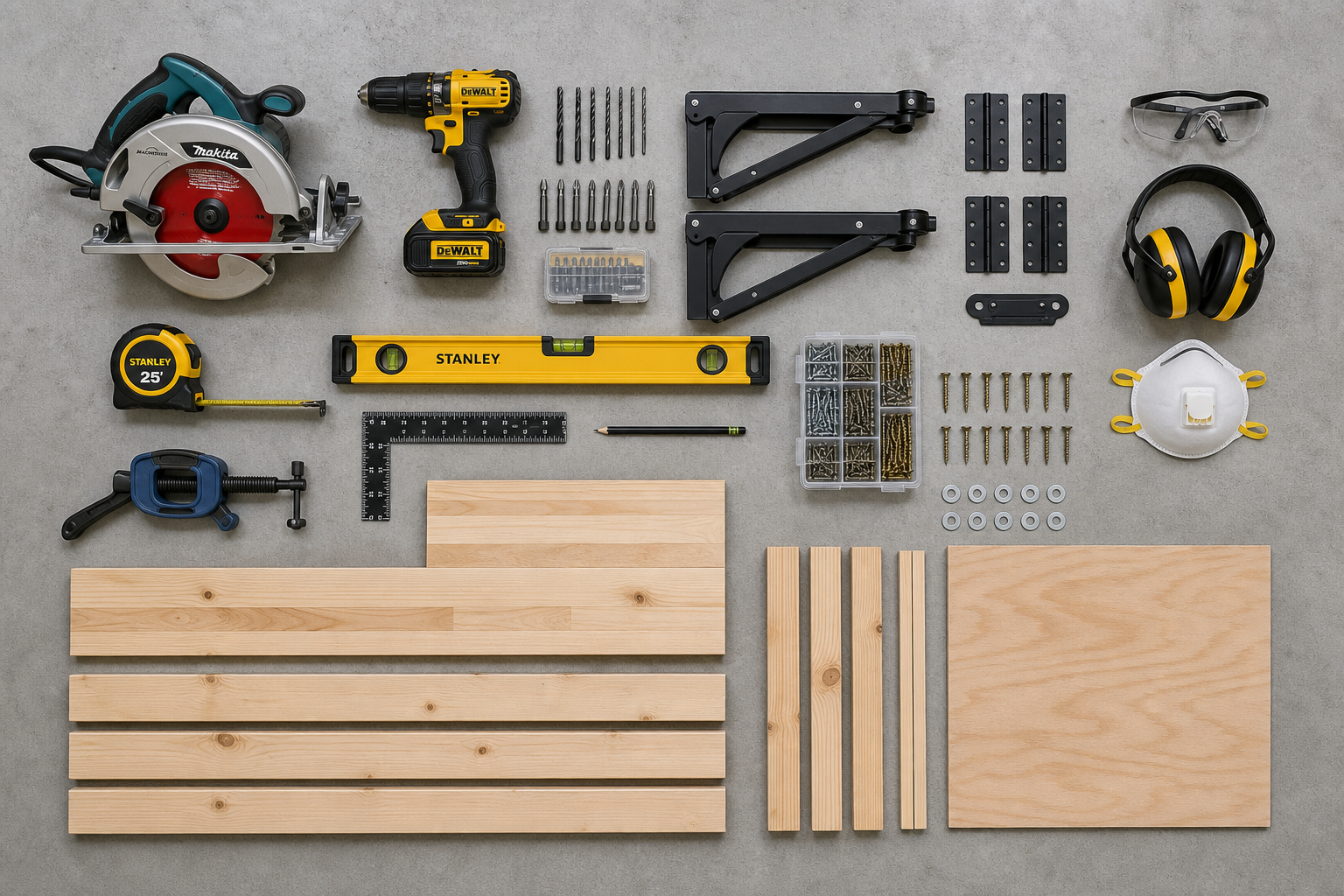 Organized display of tools and materials needed for folding workbench construction