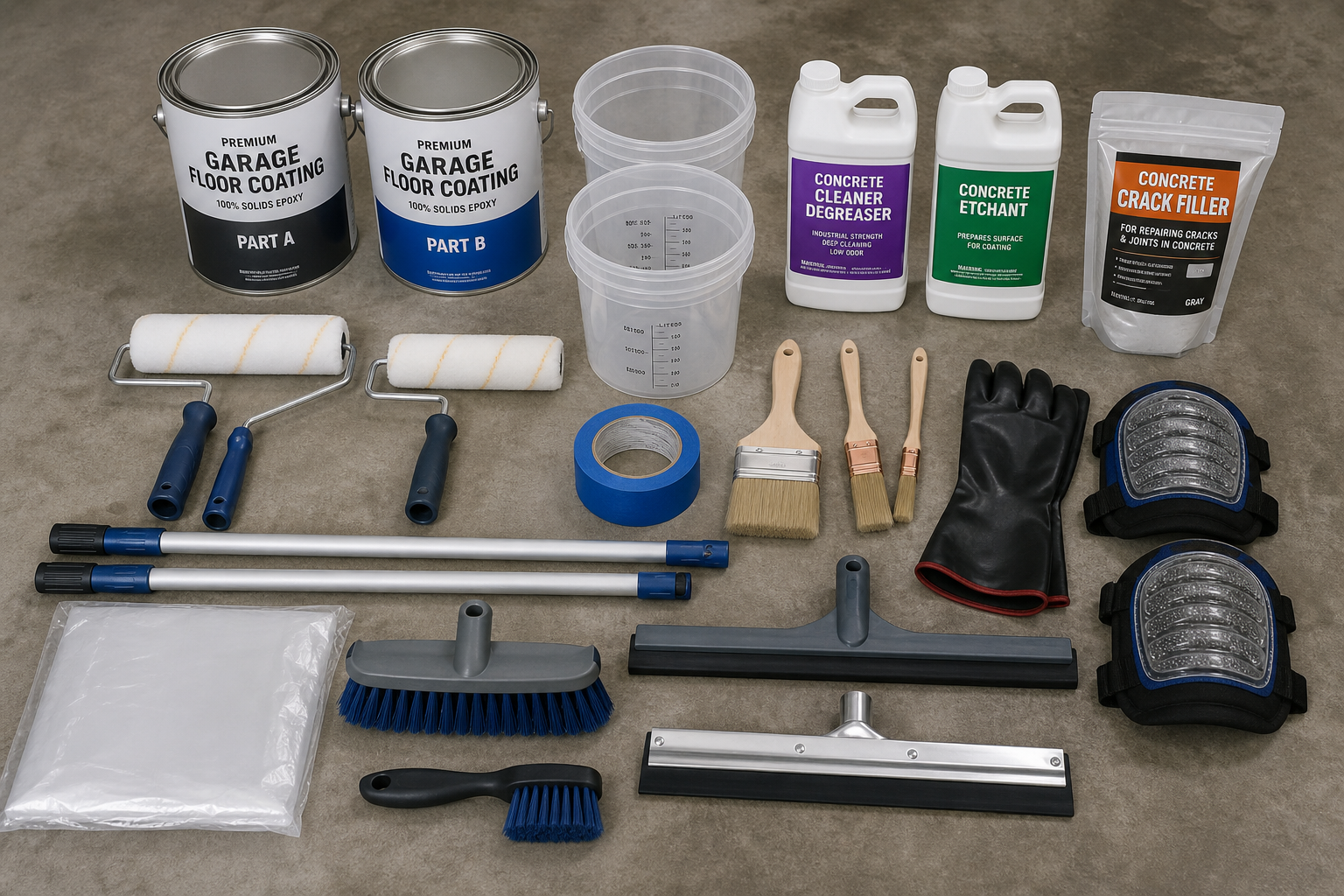 Complete set of tools and materials needed for garage floor coating project laid out on concrete