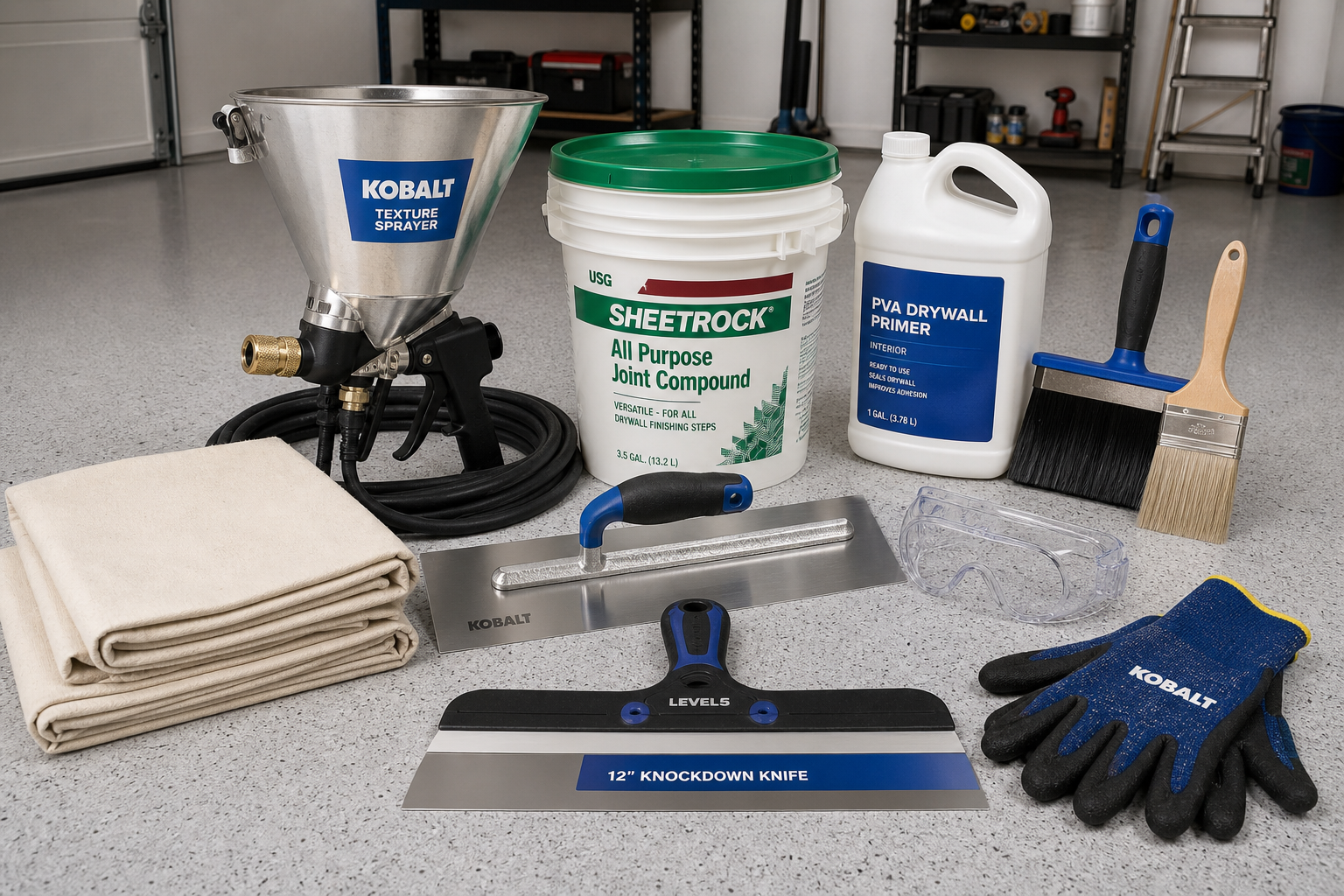 Complete set of tools and materials needed for knockdown texture application