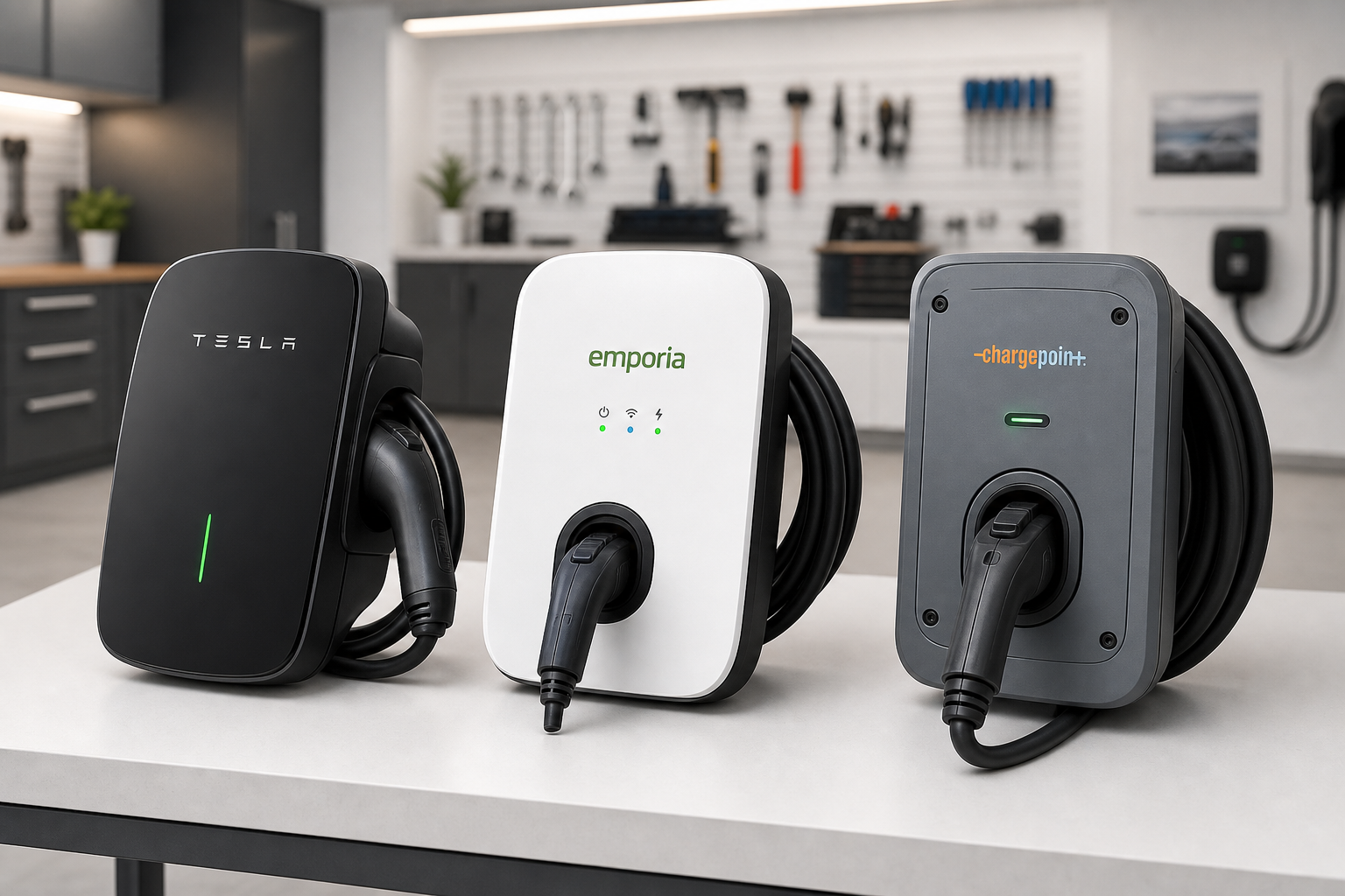 Three different brand EV charging units displayed on workbench in garage
