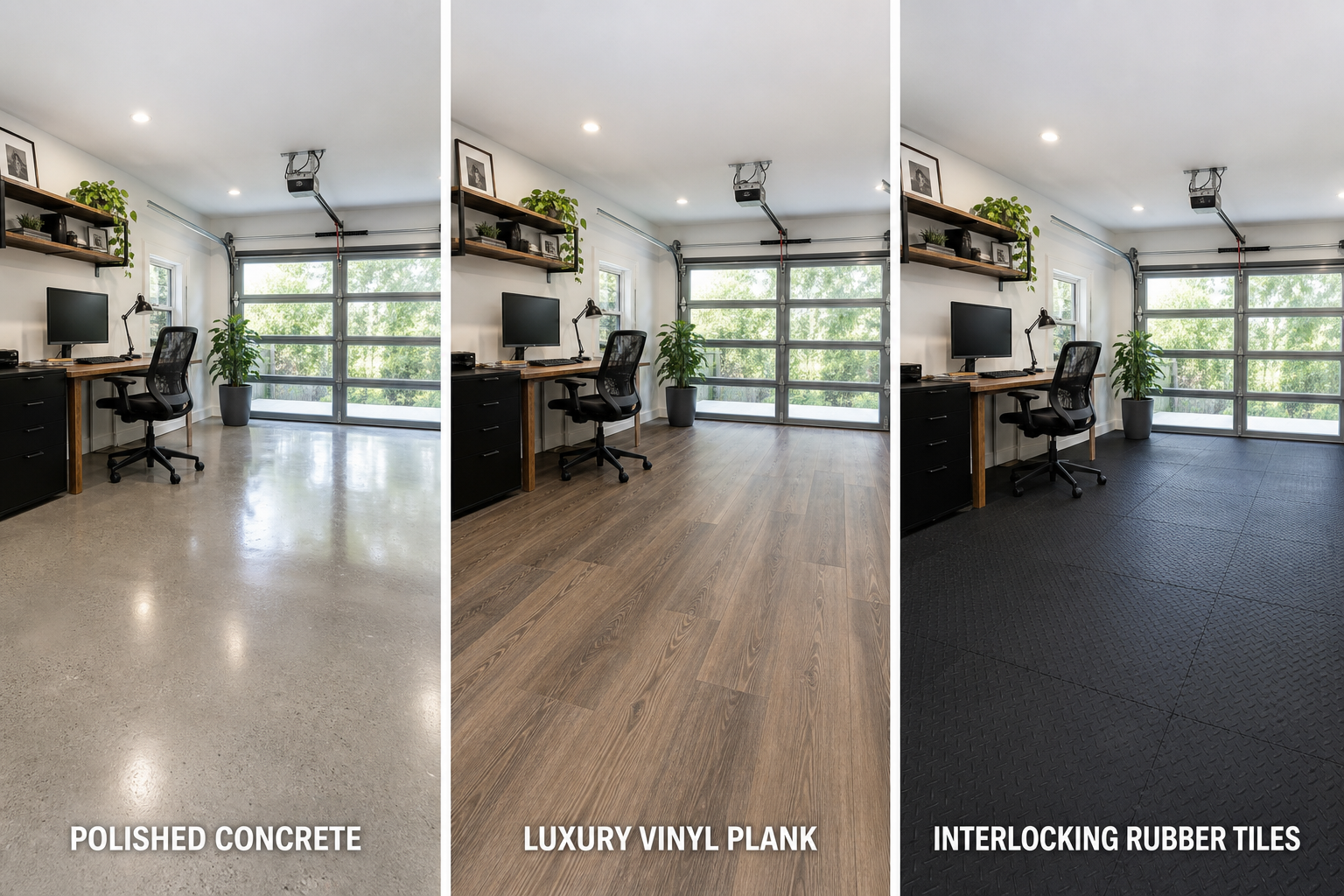 Comparison of three garage flooring options: polished concrete, vinyl plank, and rubber tiles