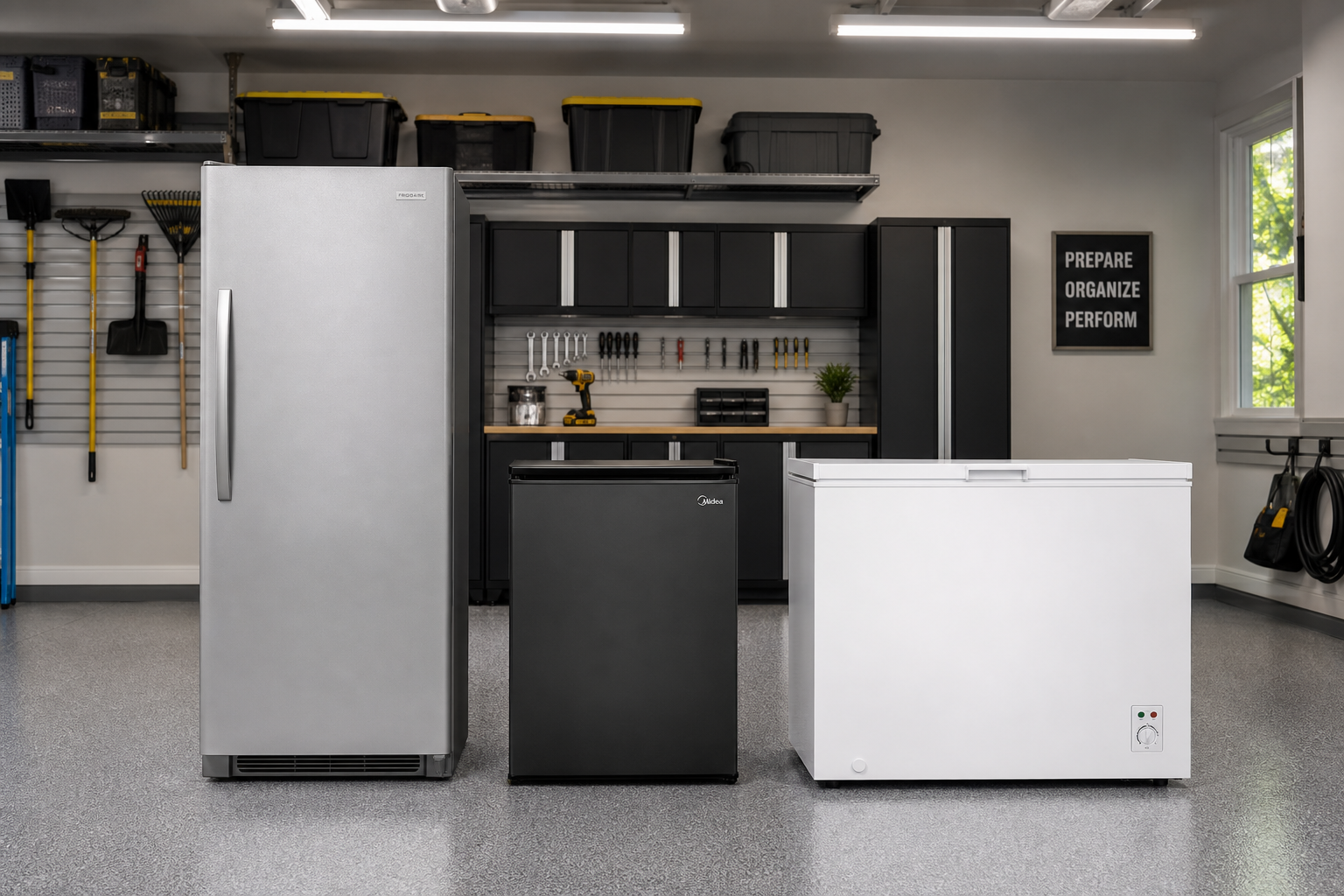Three different garage-ready refrigerators and freezers displayed in a clean garage setting