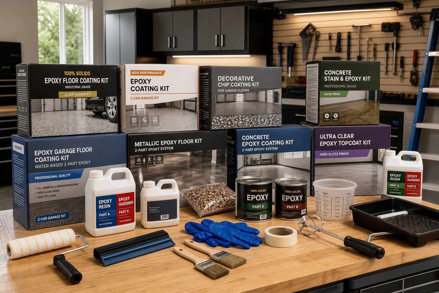 Collection of popular DIY epoxy coating kits and application tools on garage workbench