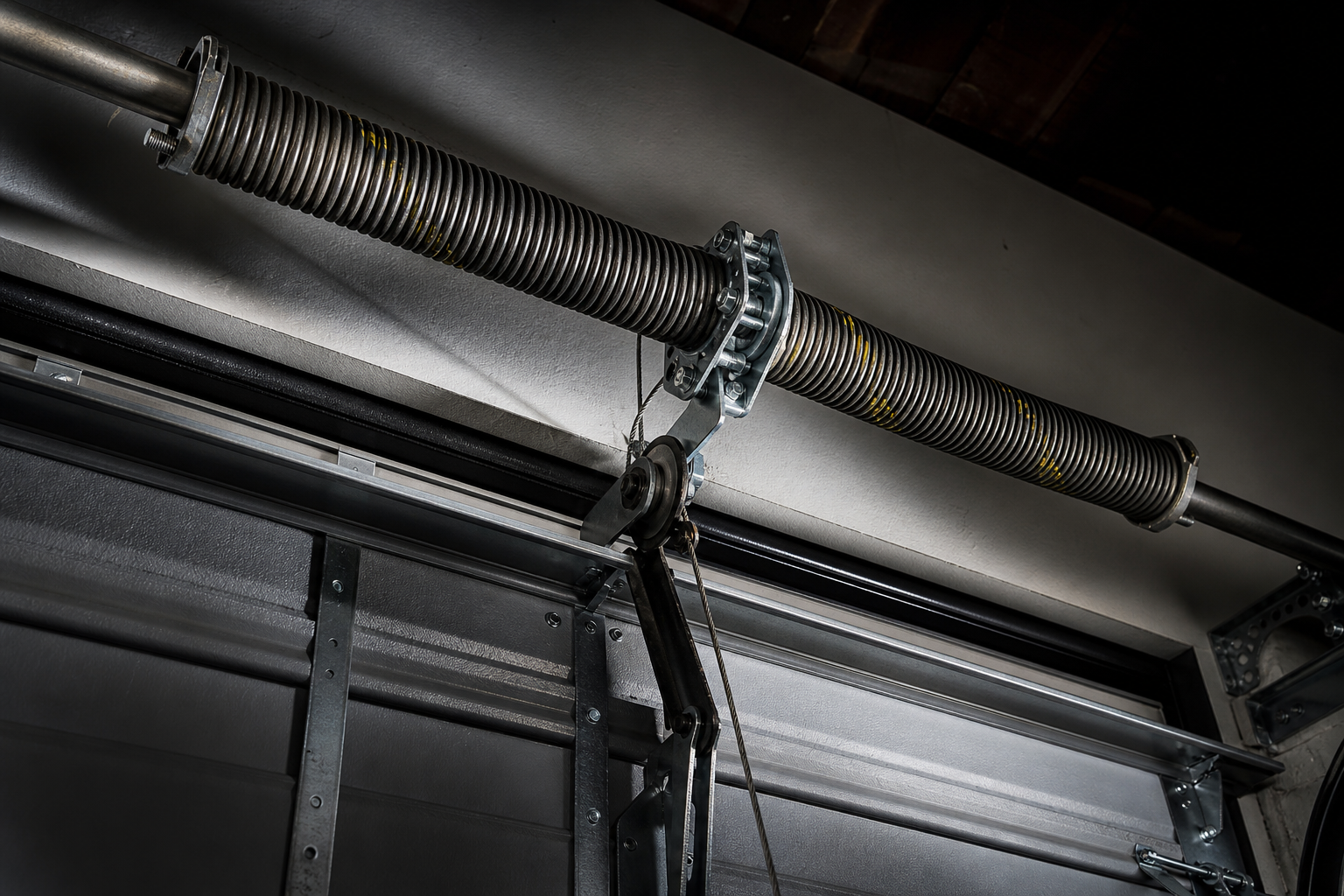 Close-up of garage door torsion springs showing tension system and mounting hardware