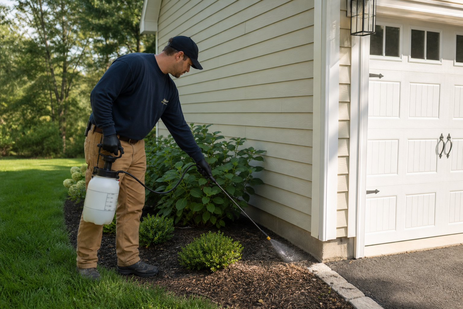 Person applying pest control spray around garage exterior foundation