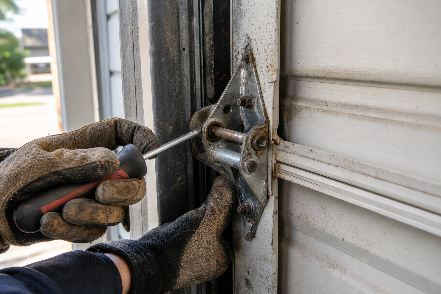 Person troubleshooting a worn garage door hinge with tools