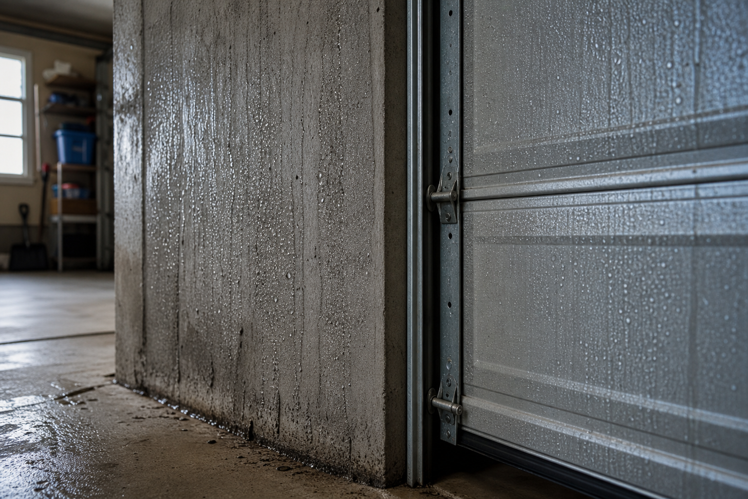 Water condensation droplets forming on garage wall and door surfaces