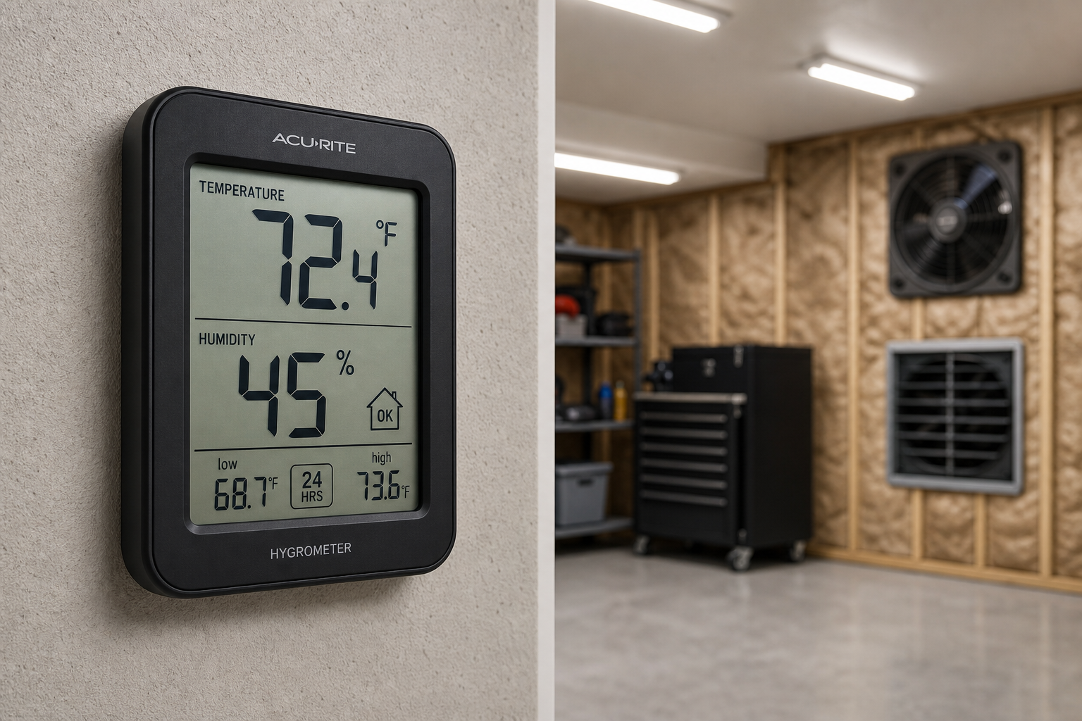 Digital temperature and humidity monitoring devices on garage wall for dew-point measurement