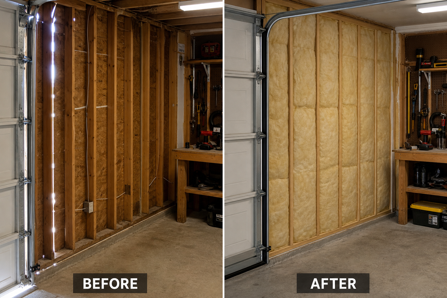 Garage interior showing insulation problems and air leak solutions