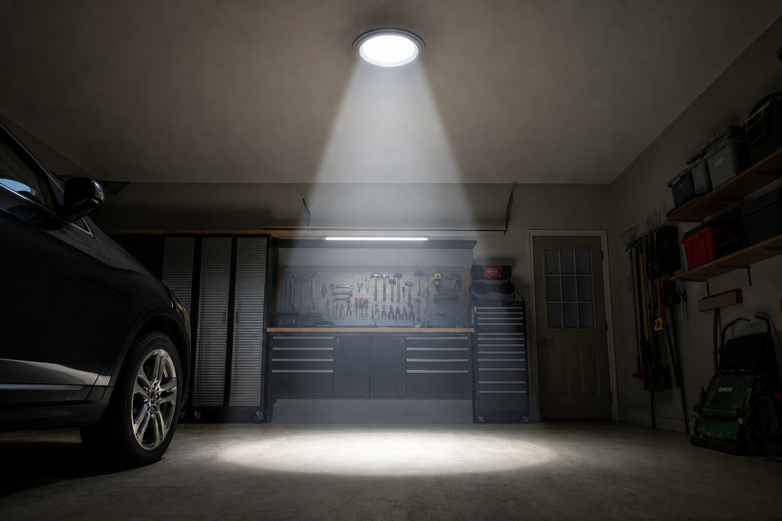 Tubular skylight bringing natural daylight into a windowless garage