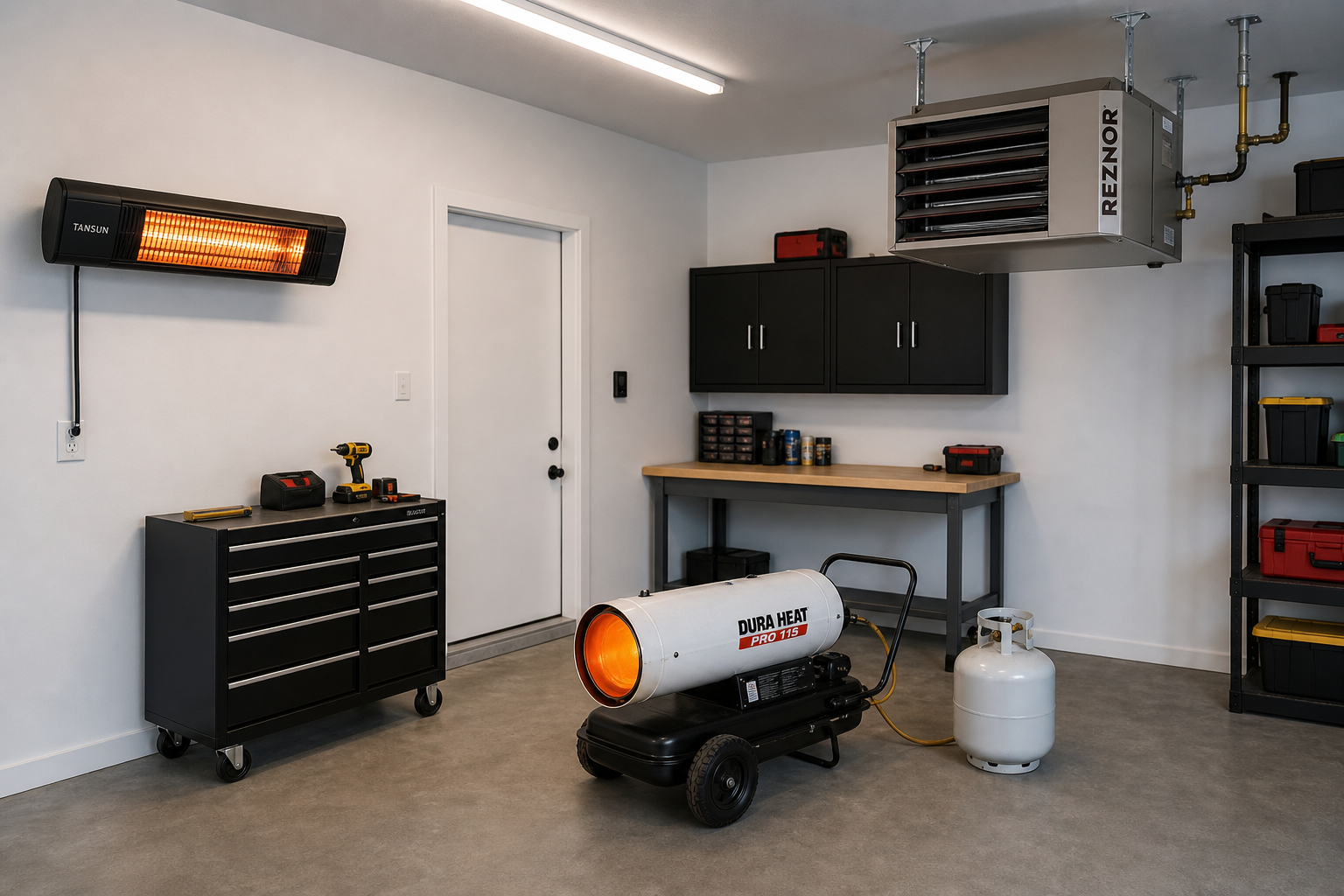 Three different types of garage heaters displayed in a clean garage setting