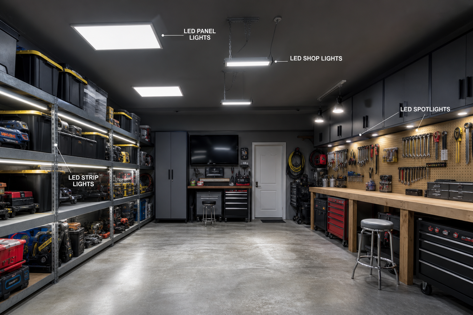Garage interior showing various types of LED lighting fixtures and their illumination patterns