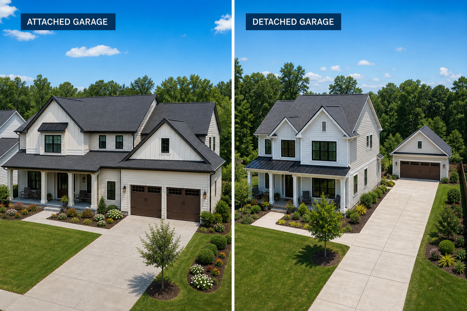 Side-by-side comparison of attached and detached garage configurations