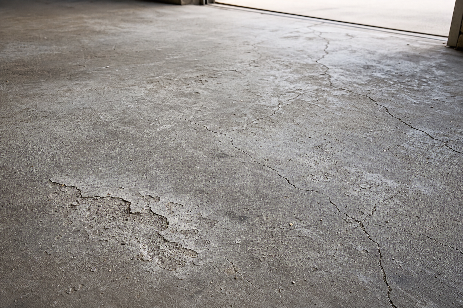 Damaged concrete garage floor showing dusting, cracks, and flaking