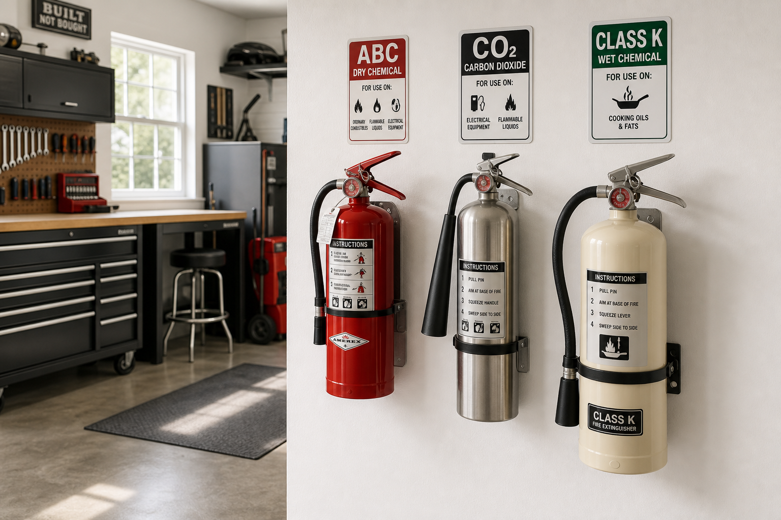 Different types of fire extinguishers mounted on garage workshop wall