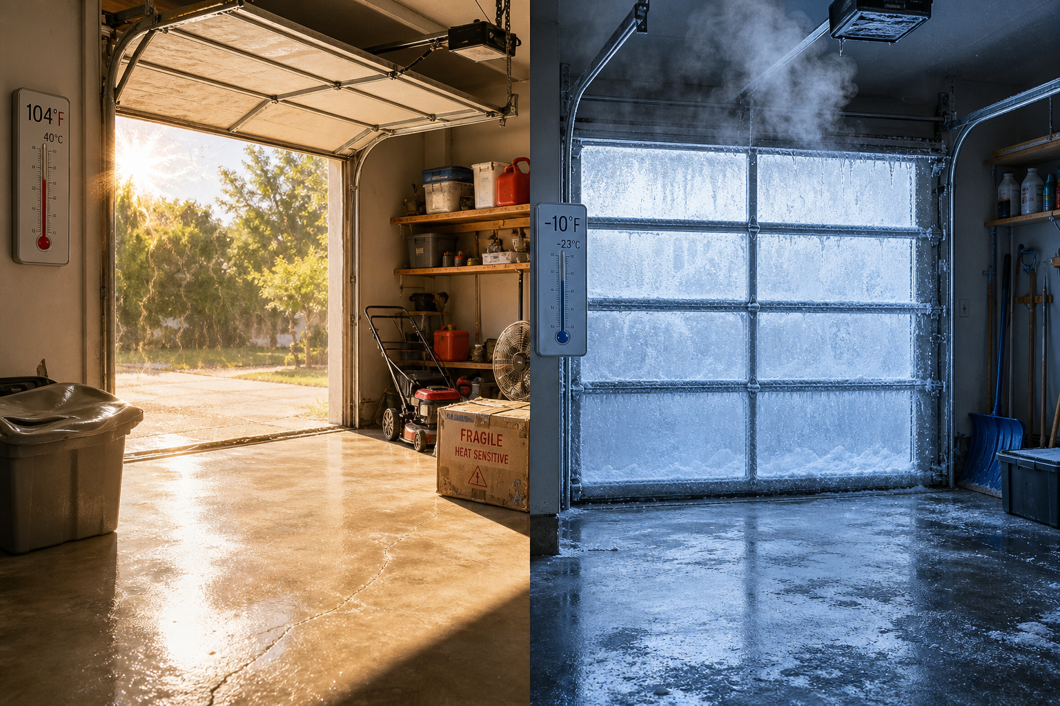 Garage interior showing extreme hot and cold temperature conditions side by side