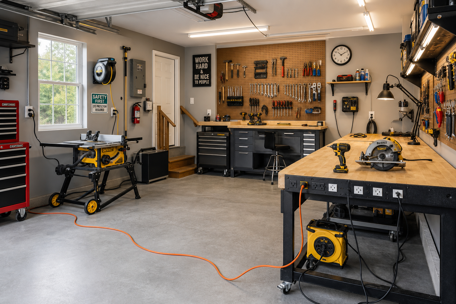 Garage workshop showing electrical outlets and power tools demonstrating electrical needs