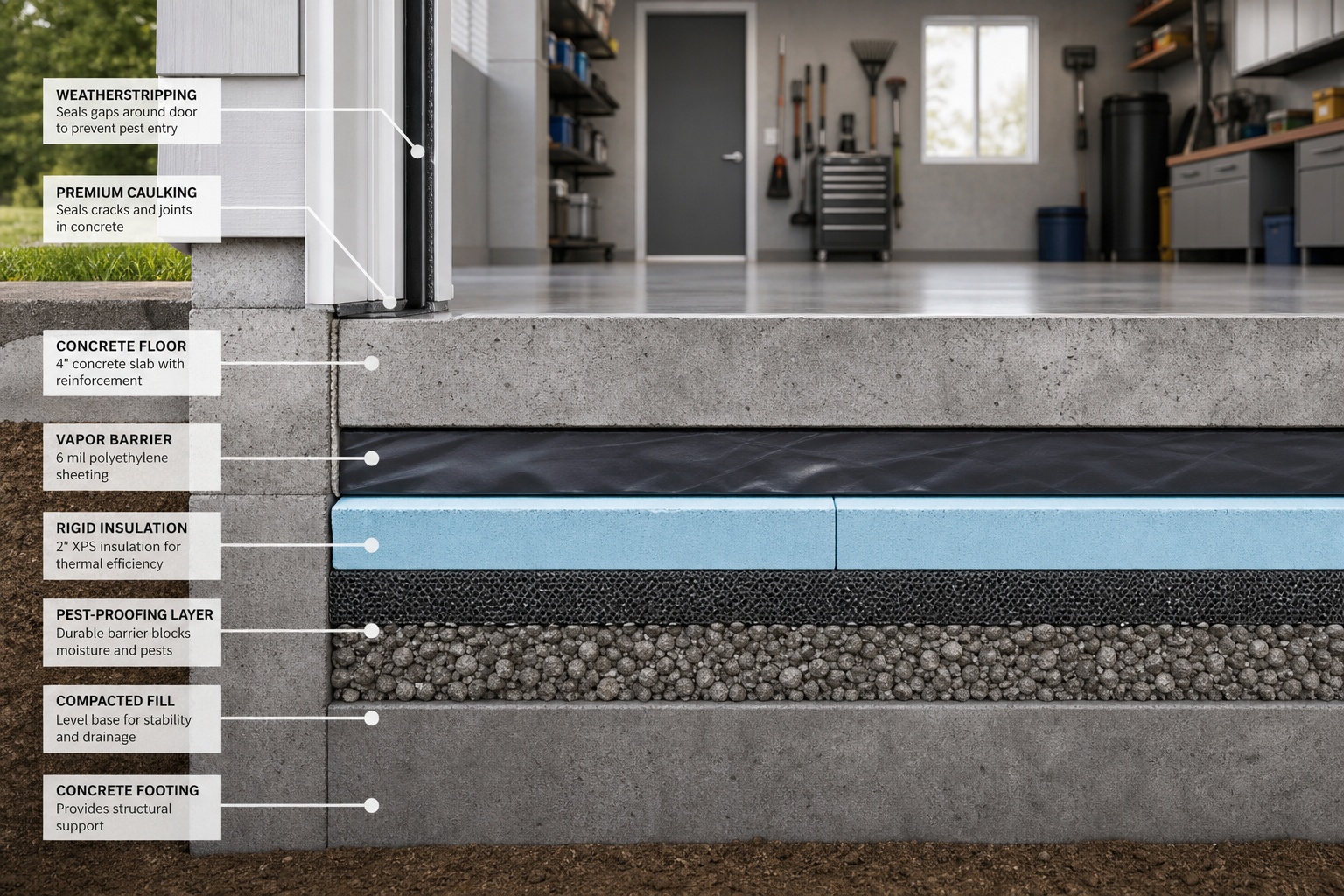 Cross-section view of garage floor showing pest-proofing layers and sealed entry points