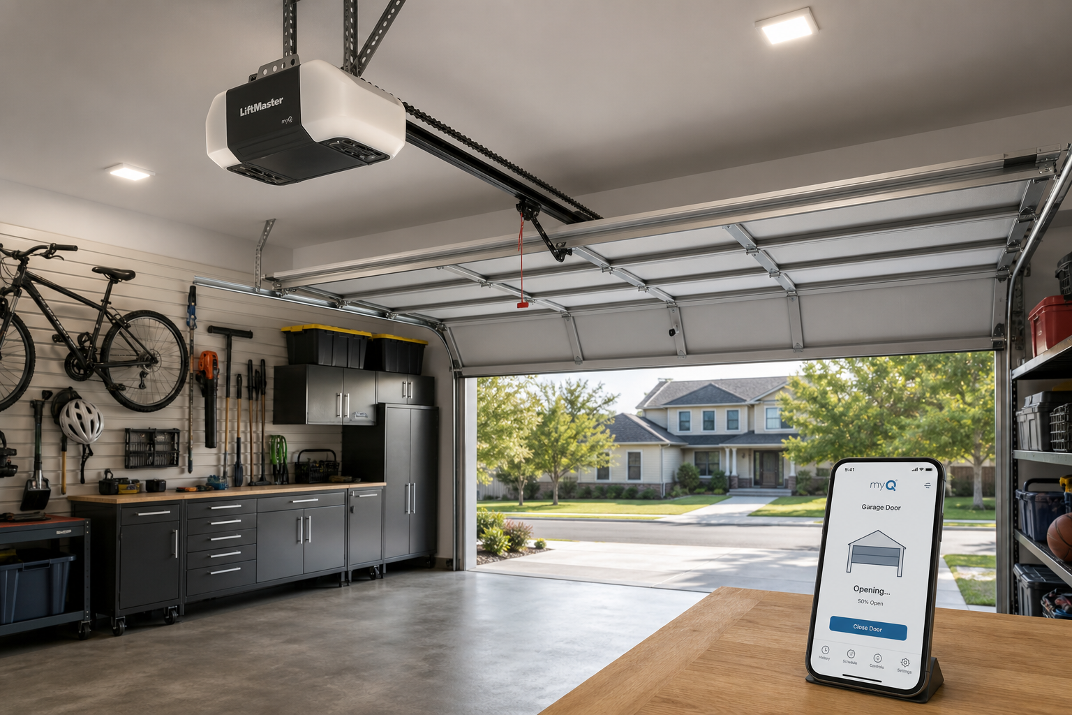 Smart garage door opener system mounted on ceiling with door partially open