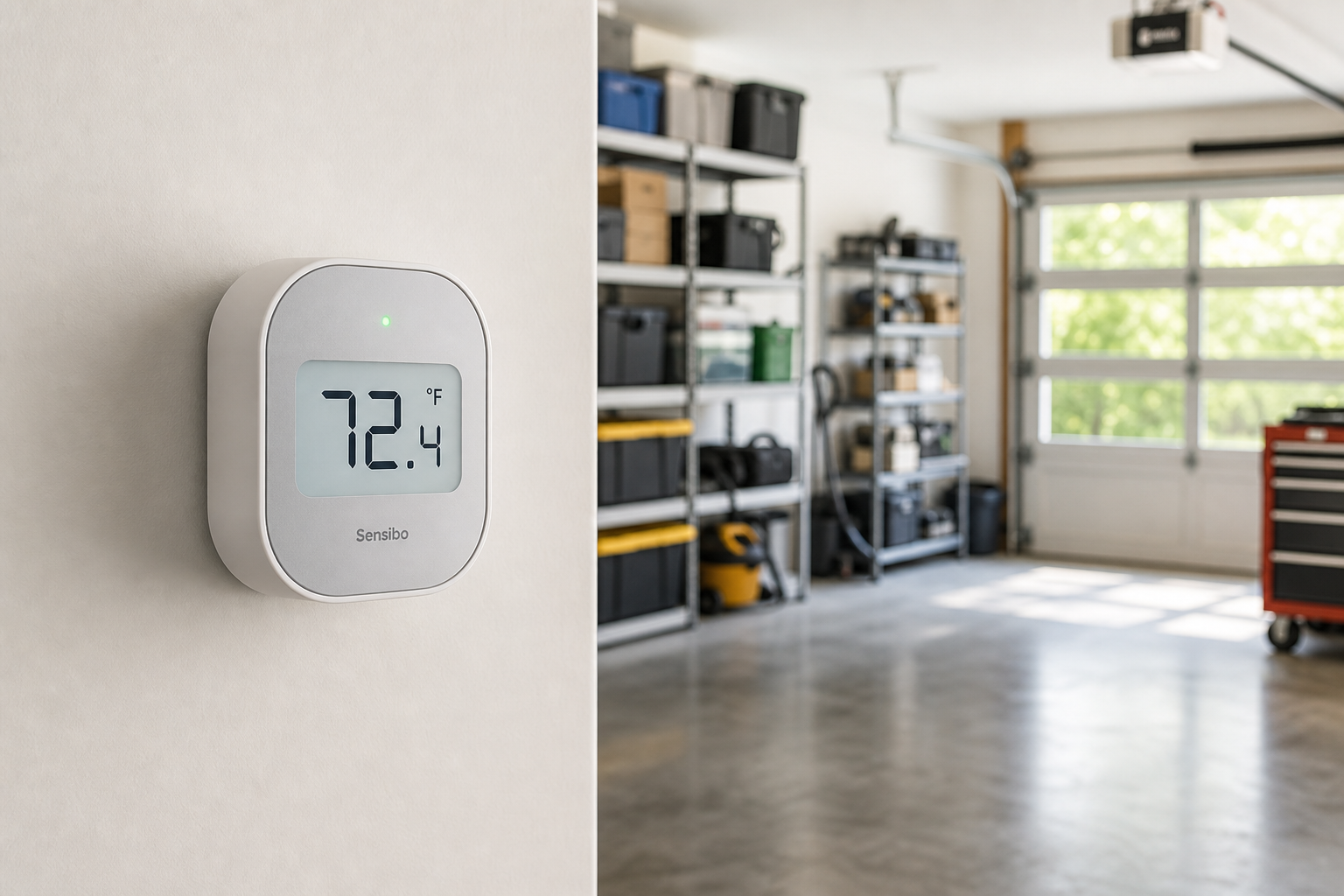 Modern smart temperature sensor mounted on garage wall with digital display